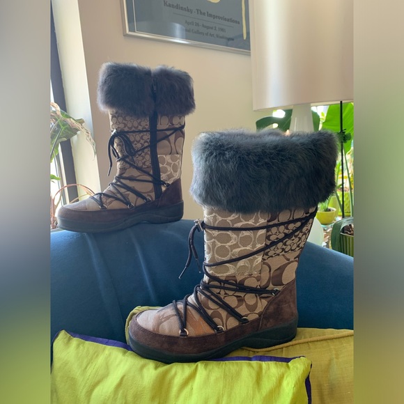 EUC Vintage Coach Rabbit Fur Trim Brown Suede Lace-Up Side Zip Boots - Size 10- - Picture 1 of 8